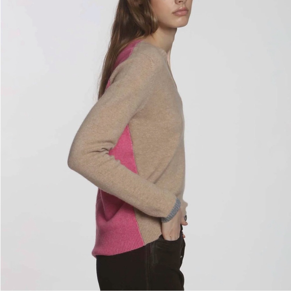 Label + Thread Wool Cashmere V-neck Colorblock Sweater Tan Pink Size‎ Small - Picture 2 of 13